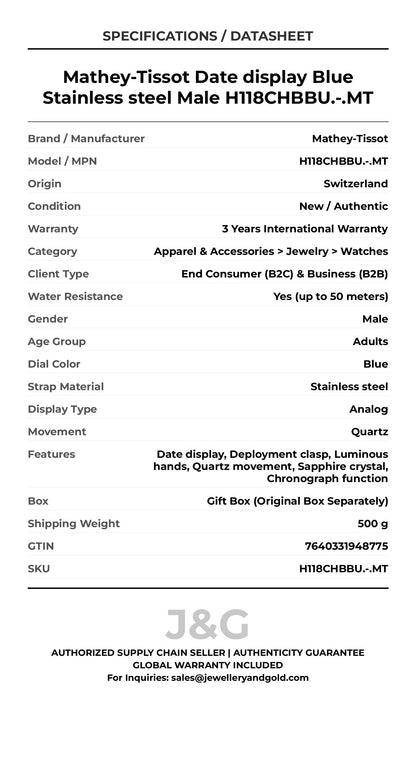 Mathey-Tissot Date display Blue Stainless steel Male H118CHBBU.-.MT - Specifications