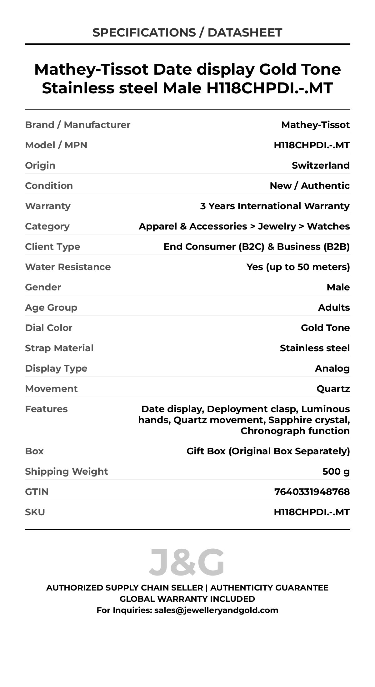 Mathey-Tissot Date display Gold Tone Stainless steel Male H118CHPDI.-.MT - Specifications
