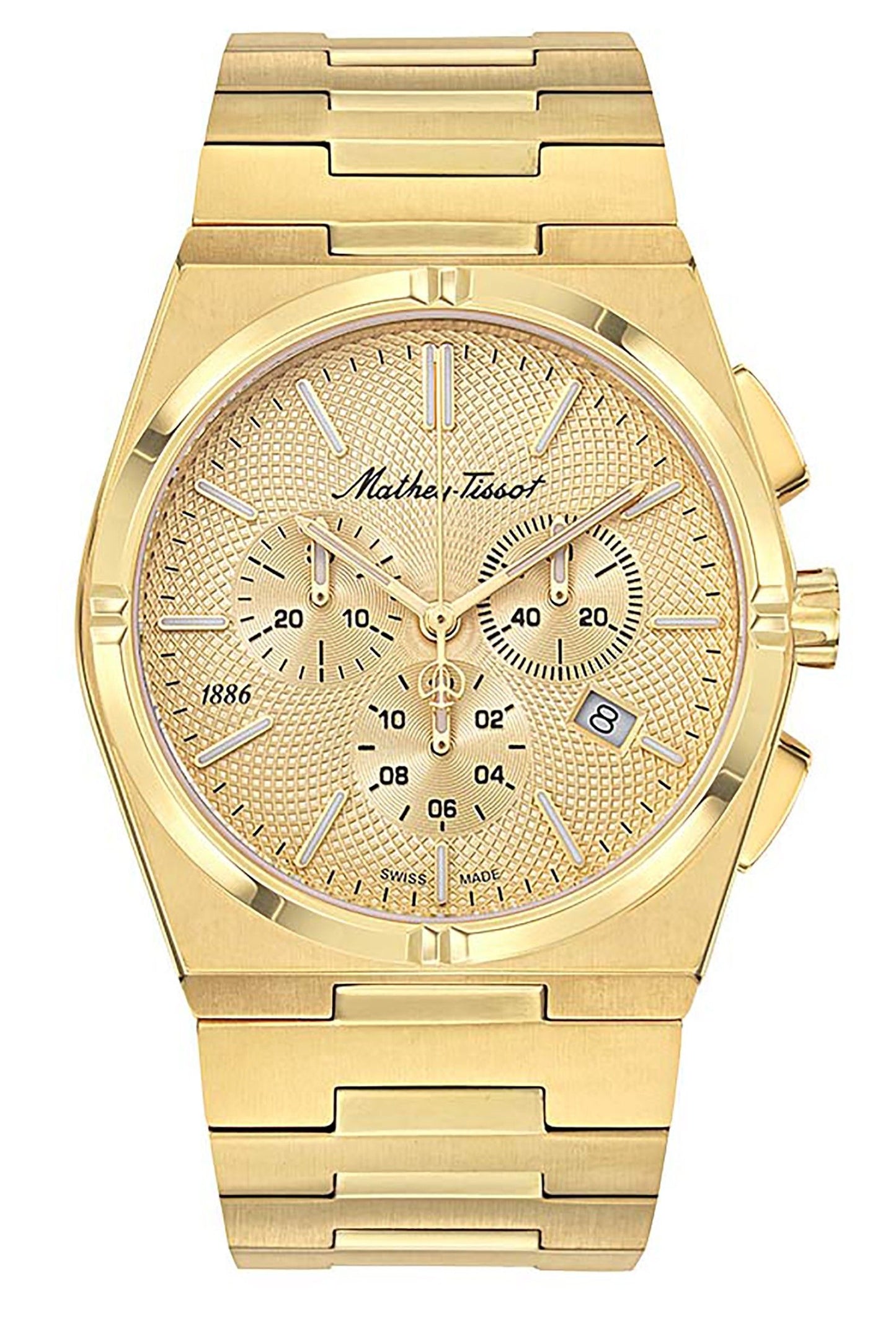 Mathey-Tissot Date display Gold Tone Stainless steel Male H118CHPDI.-.MT. A brand-new Mathey-Tissot watch featuring a Gold Tone dial and a Stainless steel strap. Front view.