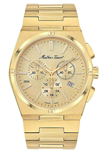 Mathey-Tissot Date display Gold Tone Stainless steel Male H118CHPDI.-.MT. A brand-new Mathey-Tissot watch featuring a Gold Tone dial and a Stainless steel strap. Front view.