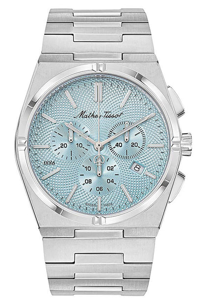 Mathey-Tissot Date display Blue Stainless steel Male H118CHSK.-.MT. A brand-new Mathey-Tissot watch featuring a Blue dial and a Stainless steel strap. Side view.