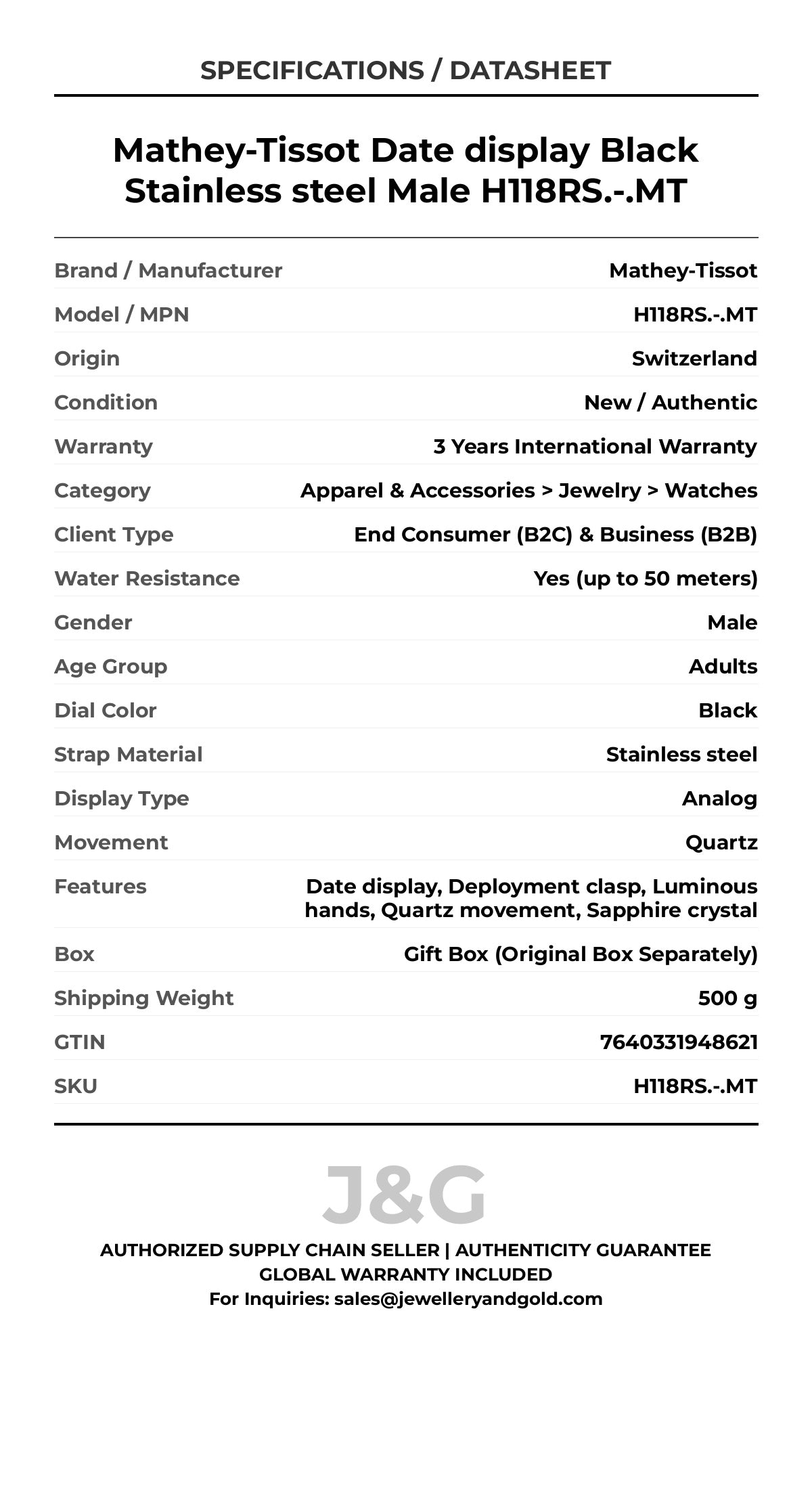 Mathey-Tissot Date display Black Stainless steel Male H118RS.-.MT - Specifications