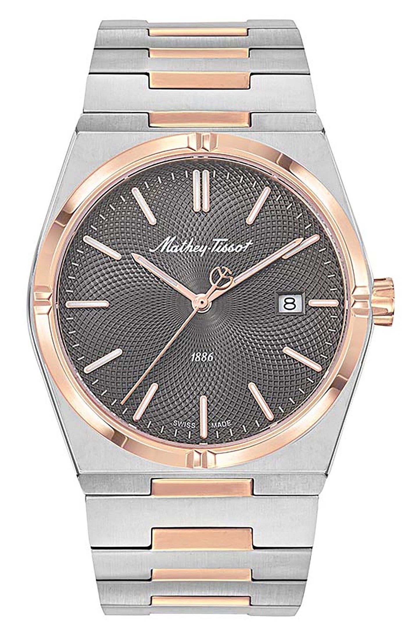 Mathey-Tissot Date display Black Stainless steel Male H118RS.-.MT. A brand-new Mathey-Tissot watch featuring a Black dial and a Stainless steel strap. Side view.