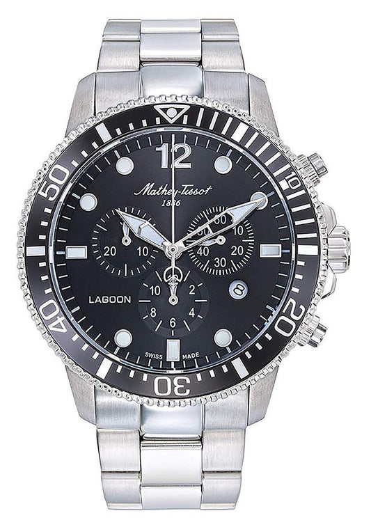 Mathey-Tissot Date display Black Stainless steel Male H123CHAN.-.MT. A brand-new Mathey-Tissot watch featuring a Black dial and a Stainless steel strap. Side view.