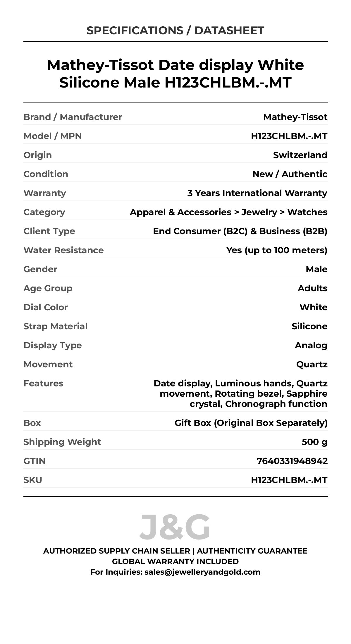 Mathey-Tissot Date display White Silicone Male H123CHLBM.-.MT - Specifications