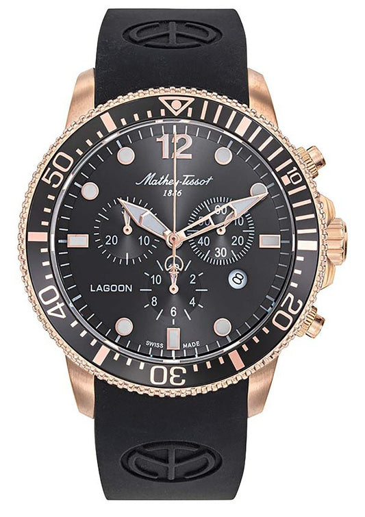 Mathey-Tissot Date display Black Stainless steel Male H123CHPLN.-.MT. A brand-new Mathey-Tissot watch featuring a Black dial and a Stainless steel strap. Side view.