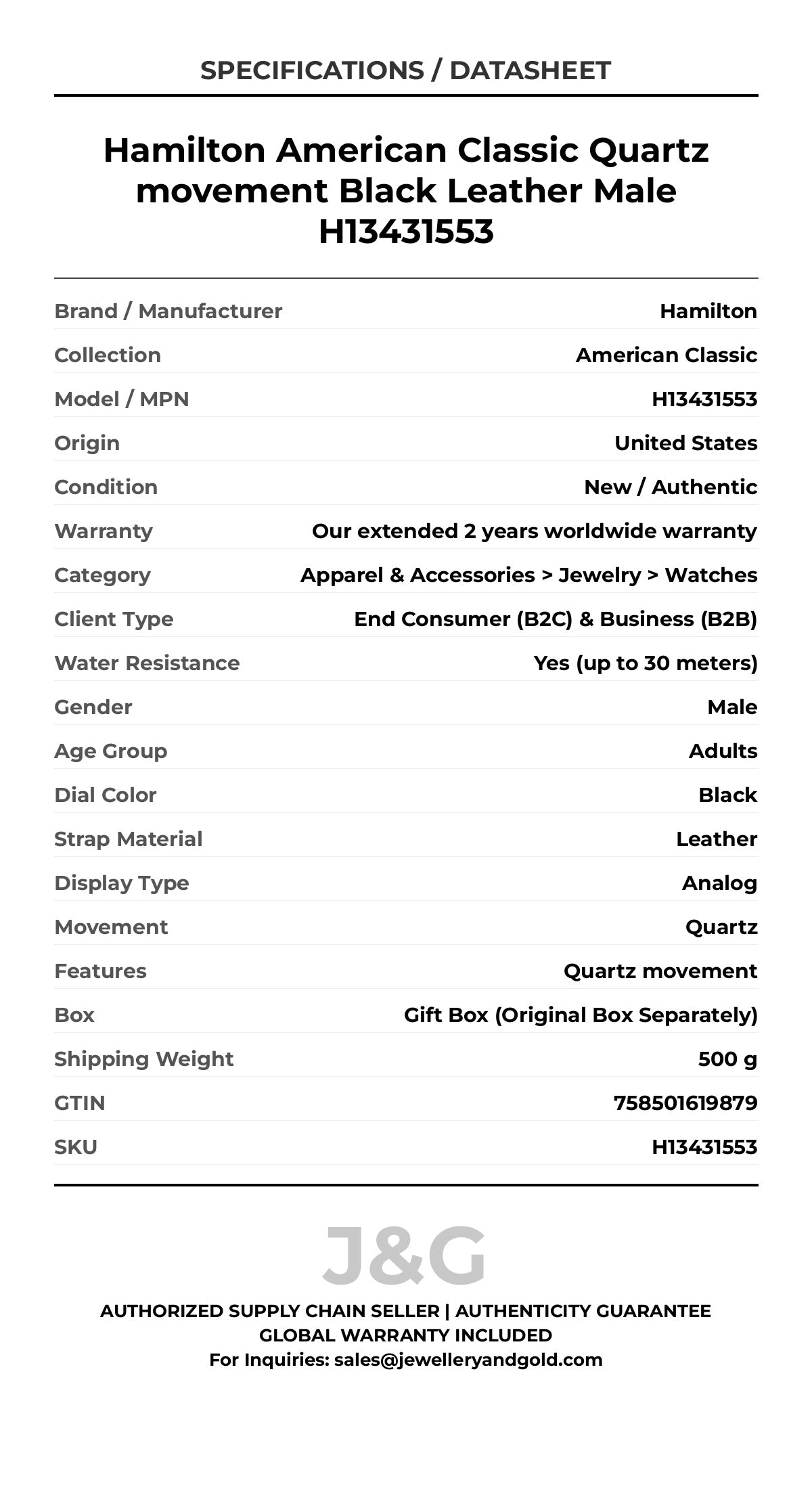 Hamilton American Classic Quartz movement Black Leather Male H13431553 - Specifications