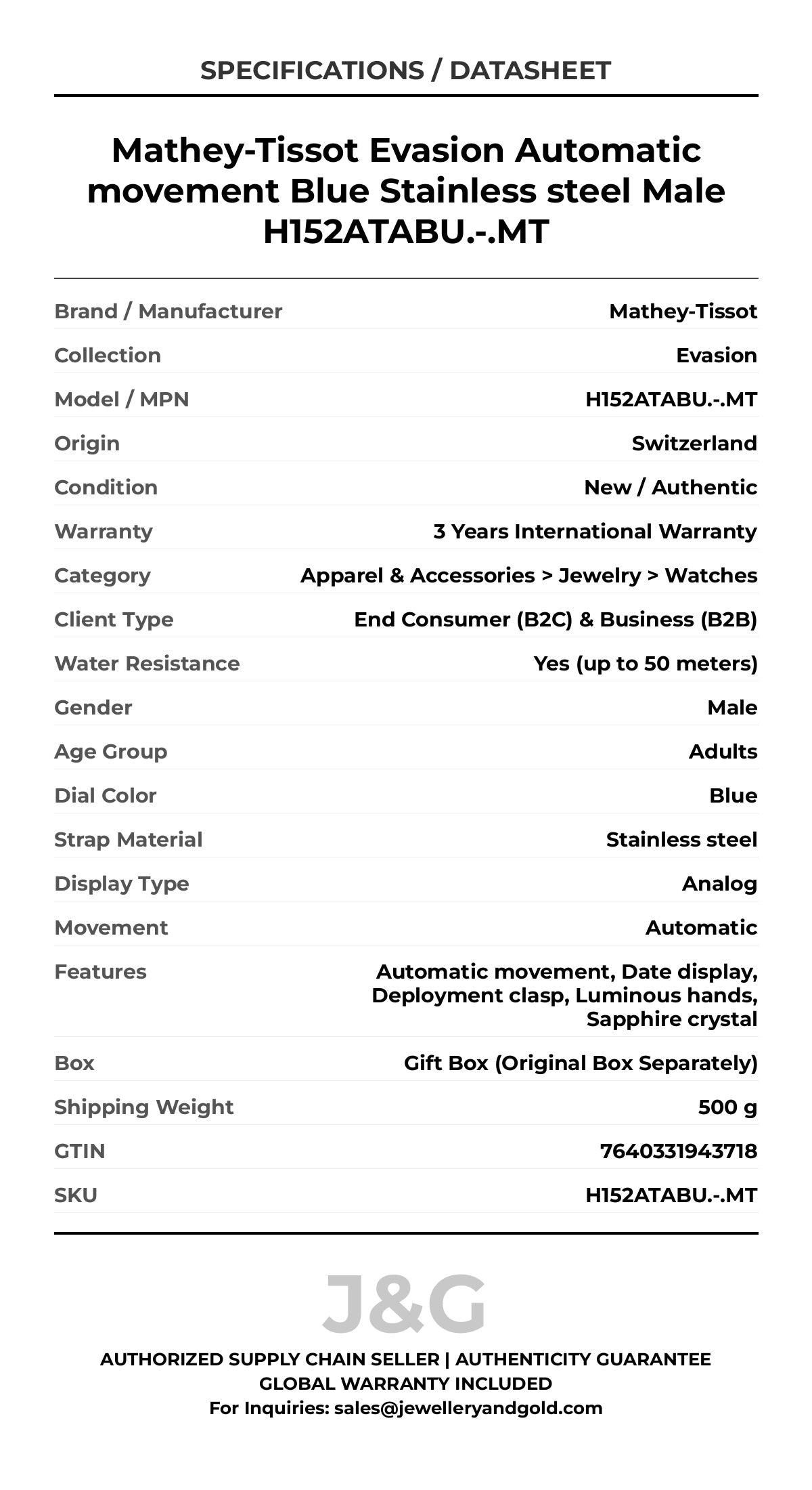 Mathey-Tissot Evasion Automatic movement Blue Stainless steel Male H152ATABU.-.MT - Specifications