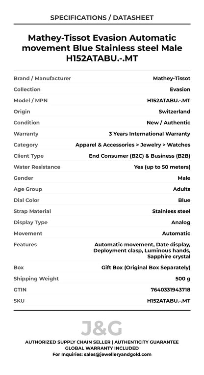 Mathey-Tissot Evasion Automatic movement Blue Stainless steel Male H152ATABU.-.MT - Specifications