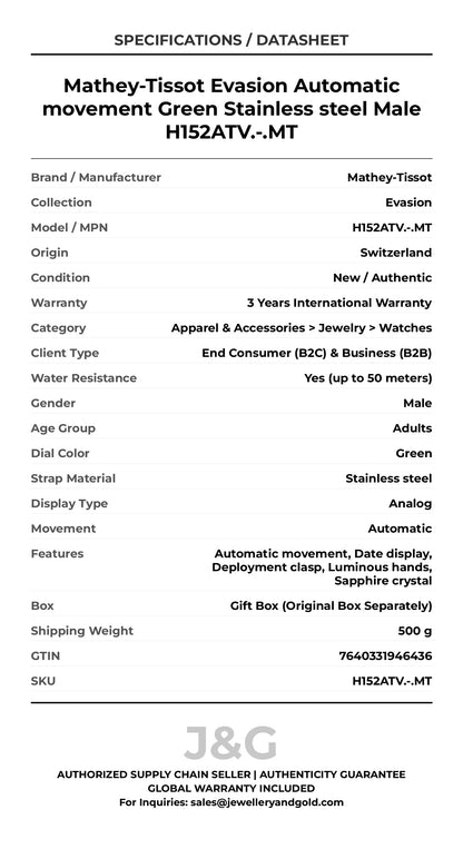 Mathey-Tissot Evasion Automatic movement Green Stainless steel Male H152ATV.-.MT - Specifications