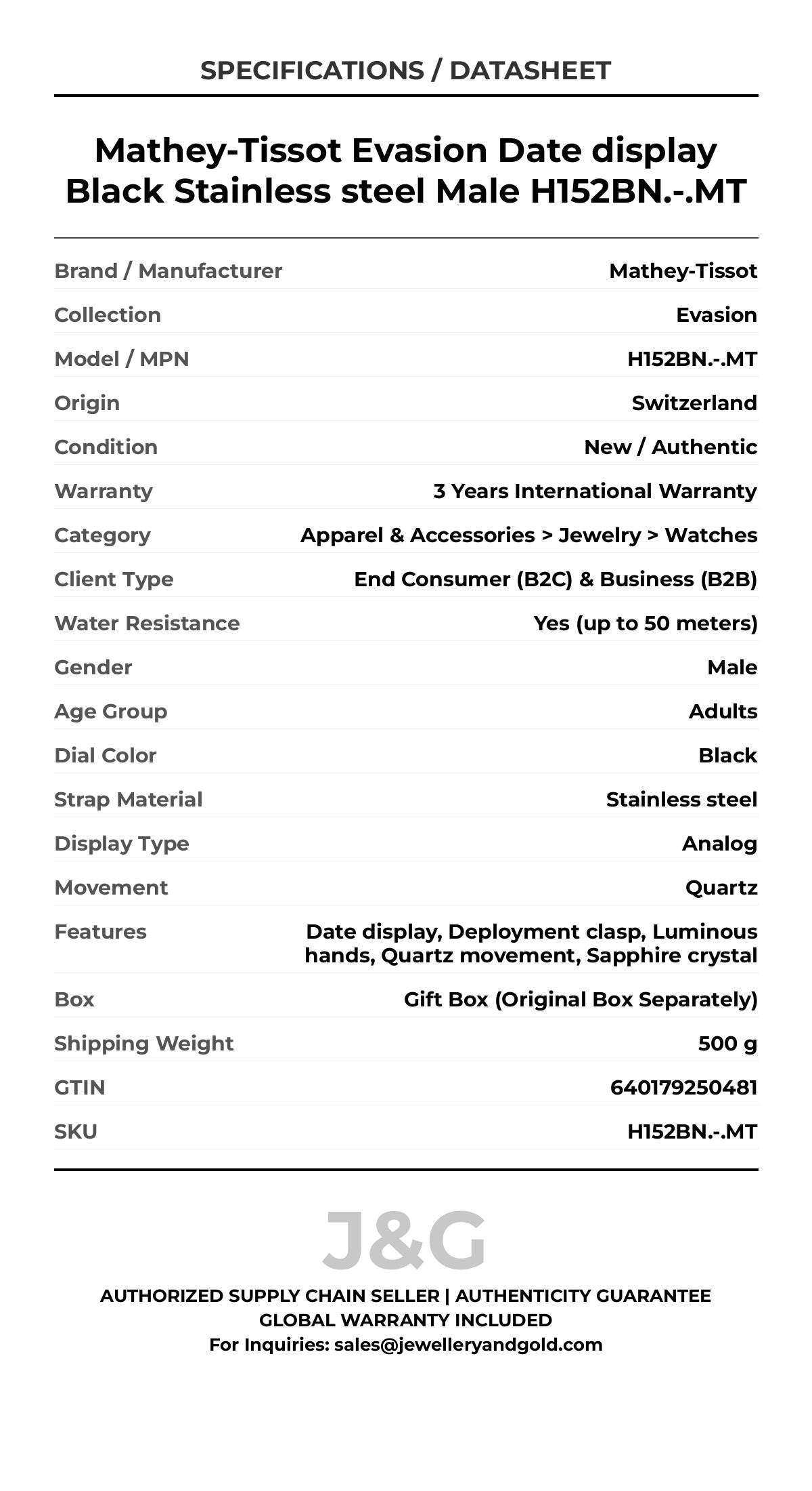Mathey-Tissot Evasion Date display Black Stainless steel Male H152BN.-.MT - Specifications