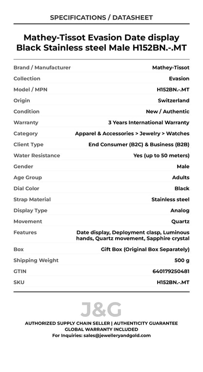 Mathey-Tissot Evasion Date display Black Stainless steel Male H152BN.-.MT - Specifications