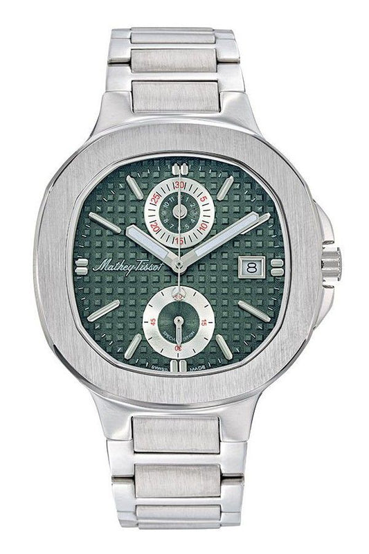 Mathey-Tissot Evasion Date display Green Stainless steel Male H152CHAV.-.MT. A brand-new Mathey-Tissot Evasion watch featuring a Green dial and a Stainless steel strap. Side view.