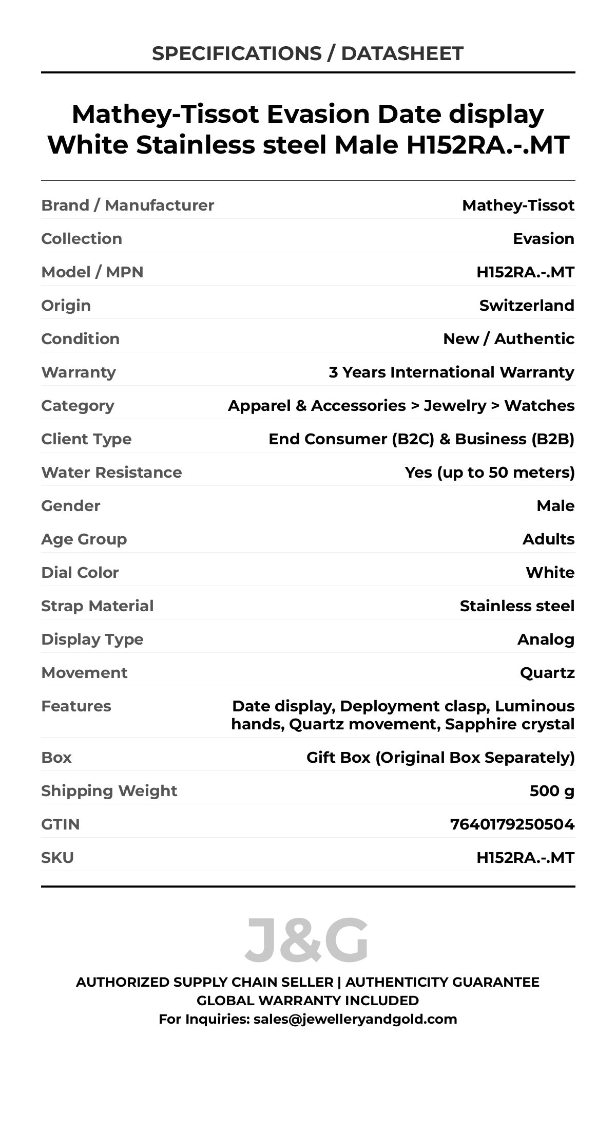 Mathey-Tissot Evasion Date display White Stainless steel Male H152RA.-.MT - Specifications