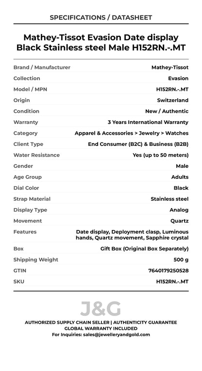 Mathey-Tissot Evasion Date display Black Stainless steel Male H152RN.-.MT - Specifications