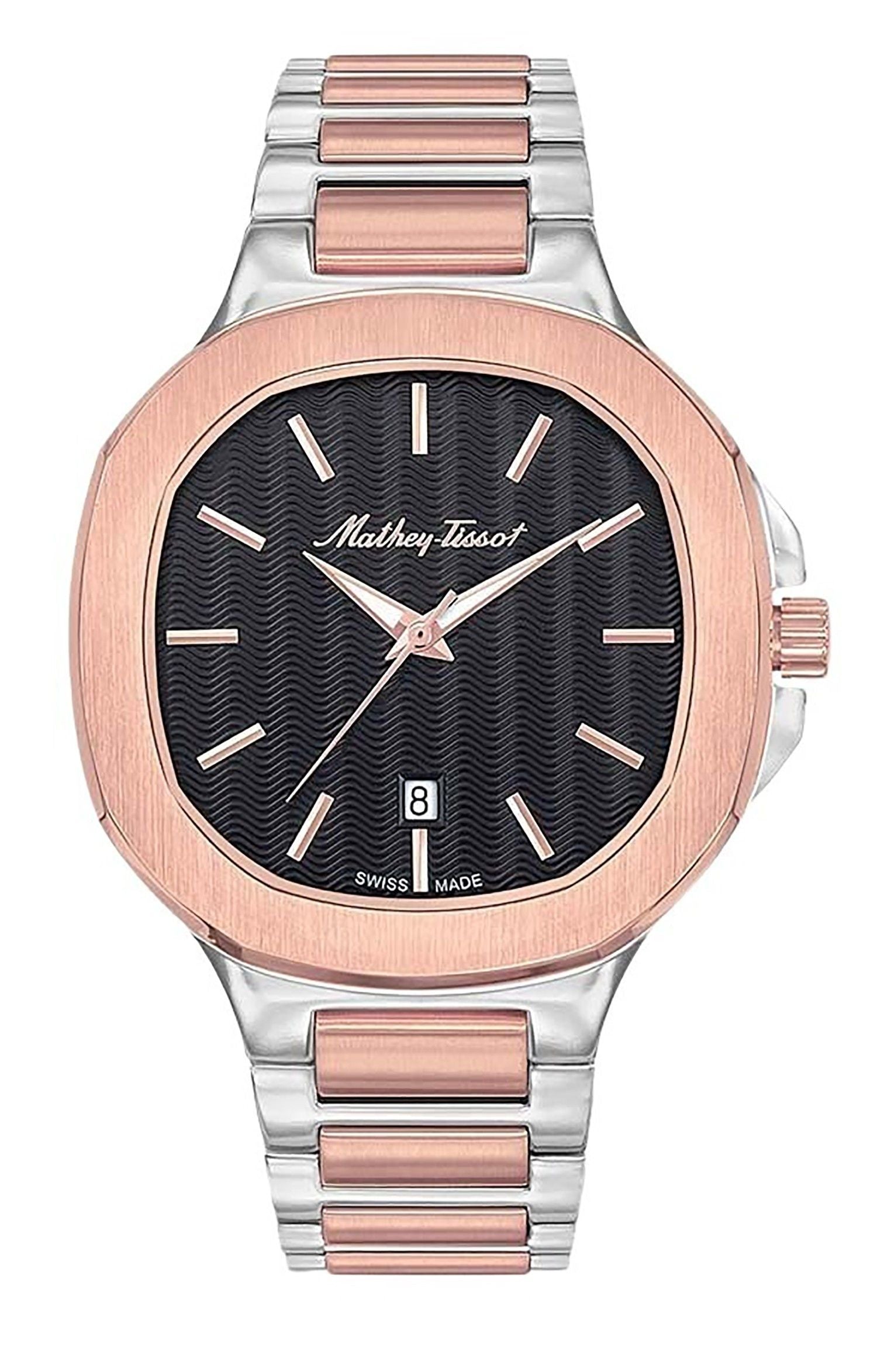 Mathey-Tissot Evasion Date display Black Stainless steel Male H152RN.-.MT. A brand-new Mathey-Tissot Evasion watch featuring a Black dial and a Stainless steel strap. Angled view.