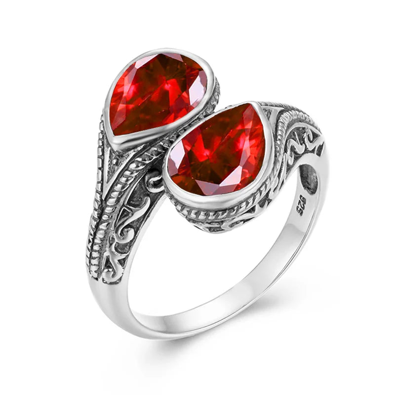 Gothic Tear Drop Garnet Ring – 925 Sterling Silver, Vintage Two-Stone Jewelry, Wife Anniversary Gift