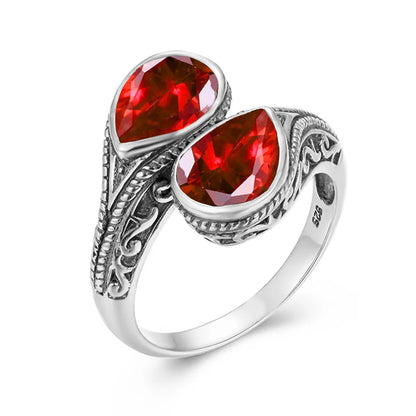 Gothic Tear Drop Garnet Ring – 925 Sterling Silver, Vintage Two-Stone Jewelry, Wife Anniversary Gift