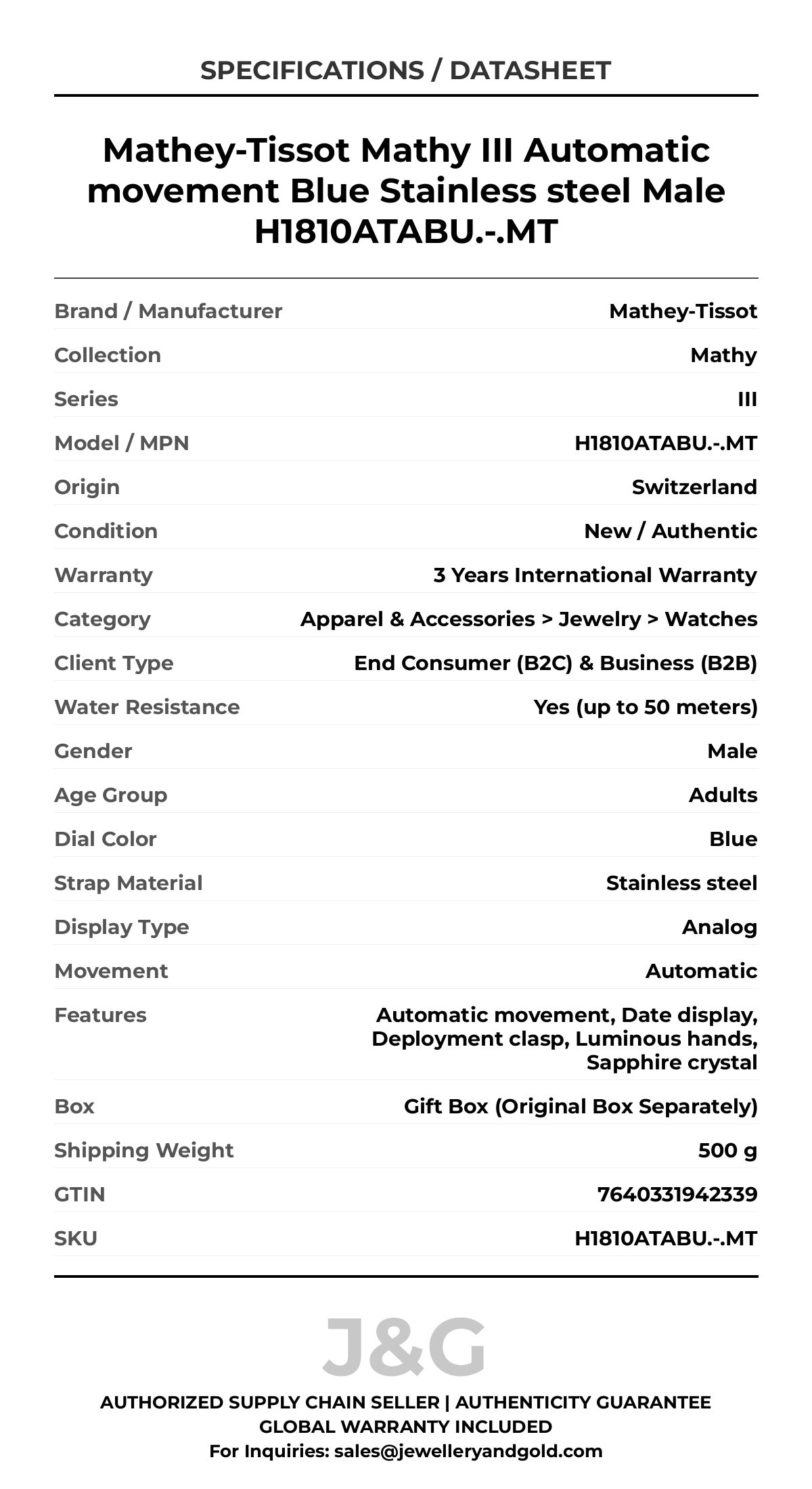 Mathey-Tissot Mathy III Automatic movement Blue Stainless steel Male H1810ATABU.-.MT - Specifications