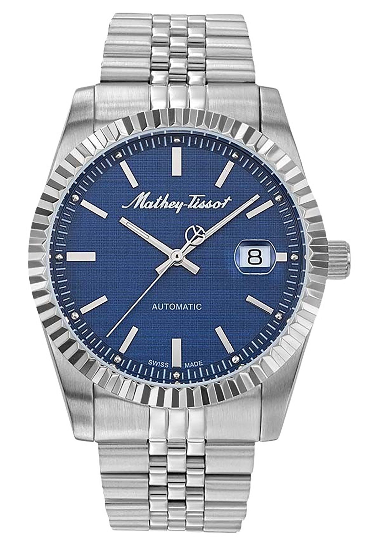 Mathey-Tissot Mathy III Automatic movement Blue Stainless steel Male H1810ATABU.-.MT. A brand-new Mathey-Tissot Mathy watch featuring a Blue dial and a Stainless steel strap. Side view.