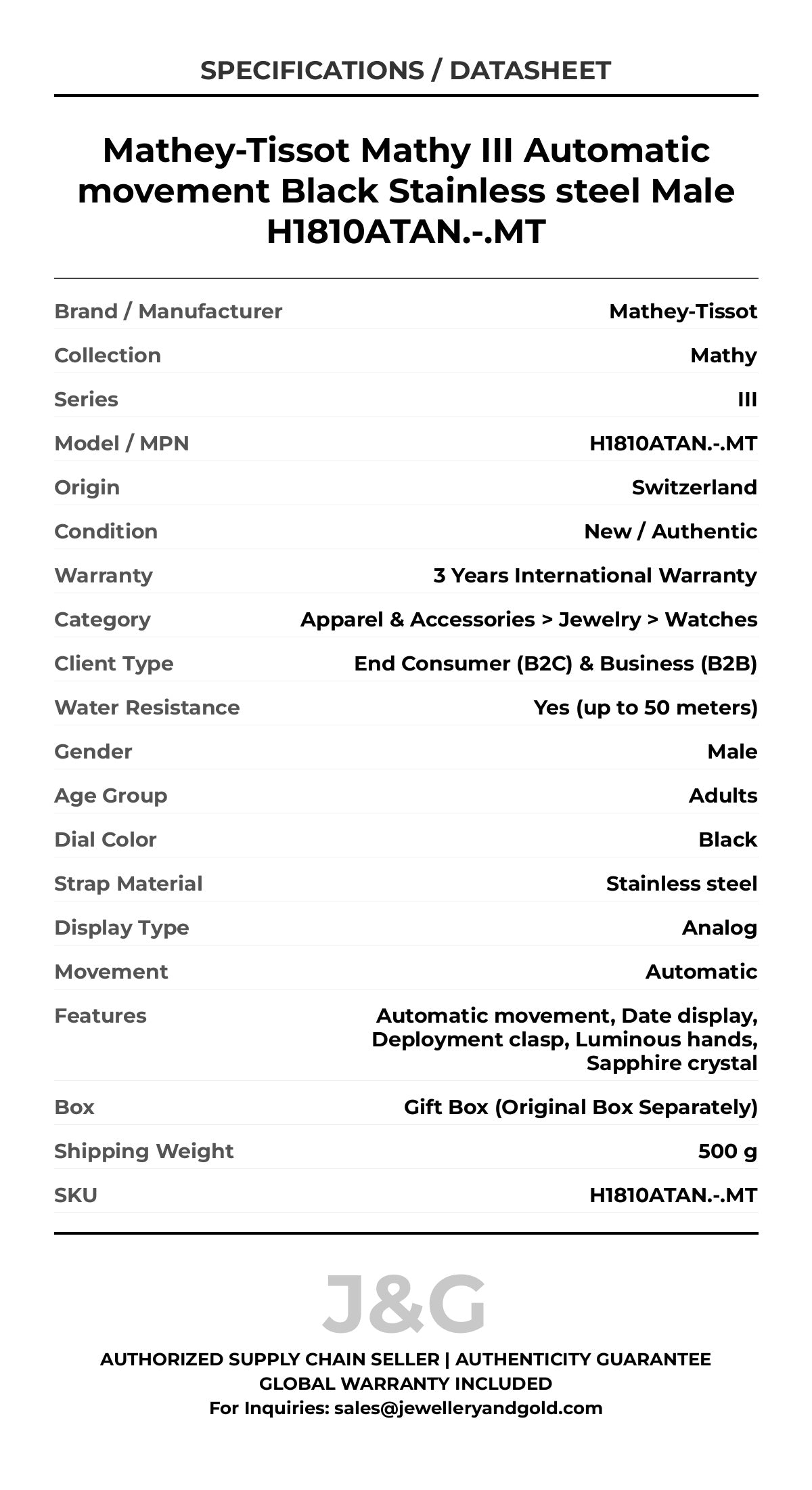 Mathey-Tissot Mathy III Automatic movement Black Stainless steel Male H1810ATAN.-.MT - Specifications