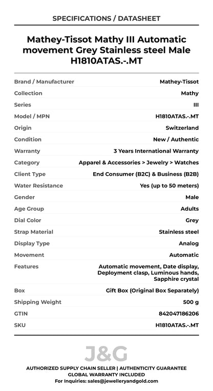 Mathey-Tissot Mathy III Automatic movement Grey Stainless steel Male H1810ATAS.-.MT - Specifications