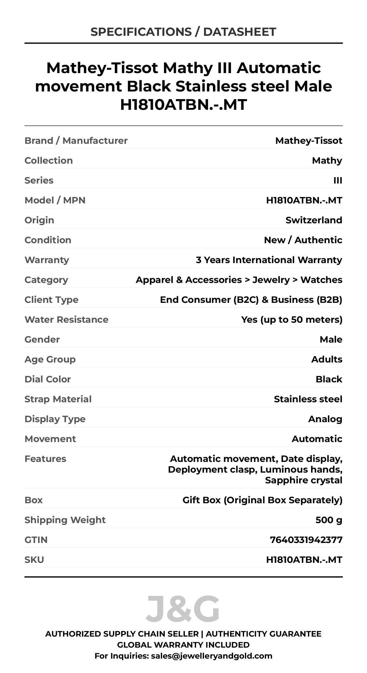Mathey-Tissot Mathy III Automatic movement Black Stainless steel Male H1810ATBN.-.MT - Specifications