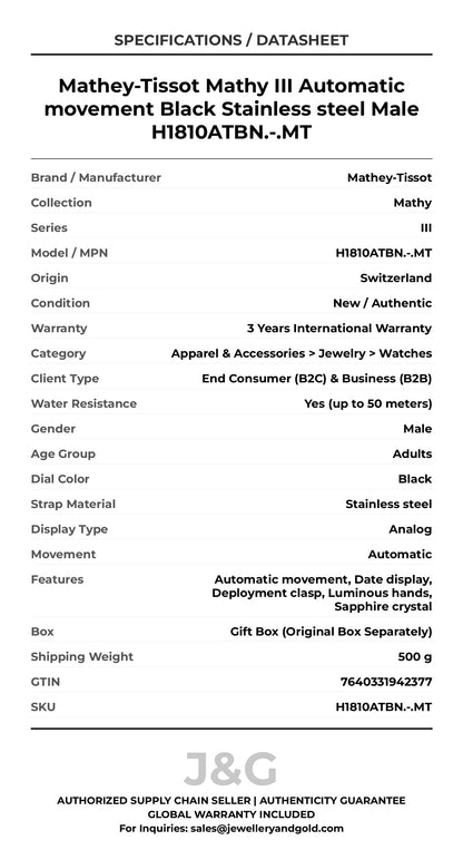 Mathey-Tissot Mathy III Automatic movement Black Stainless steel Male H1810ATBN.-.MT - Specifications