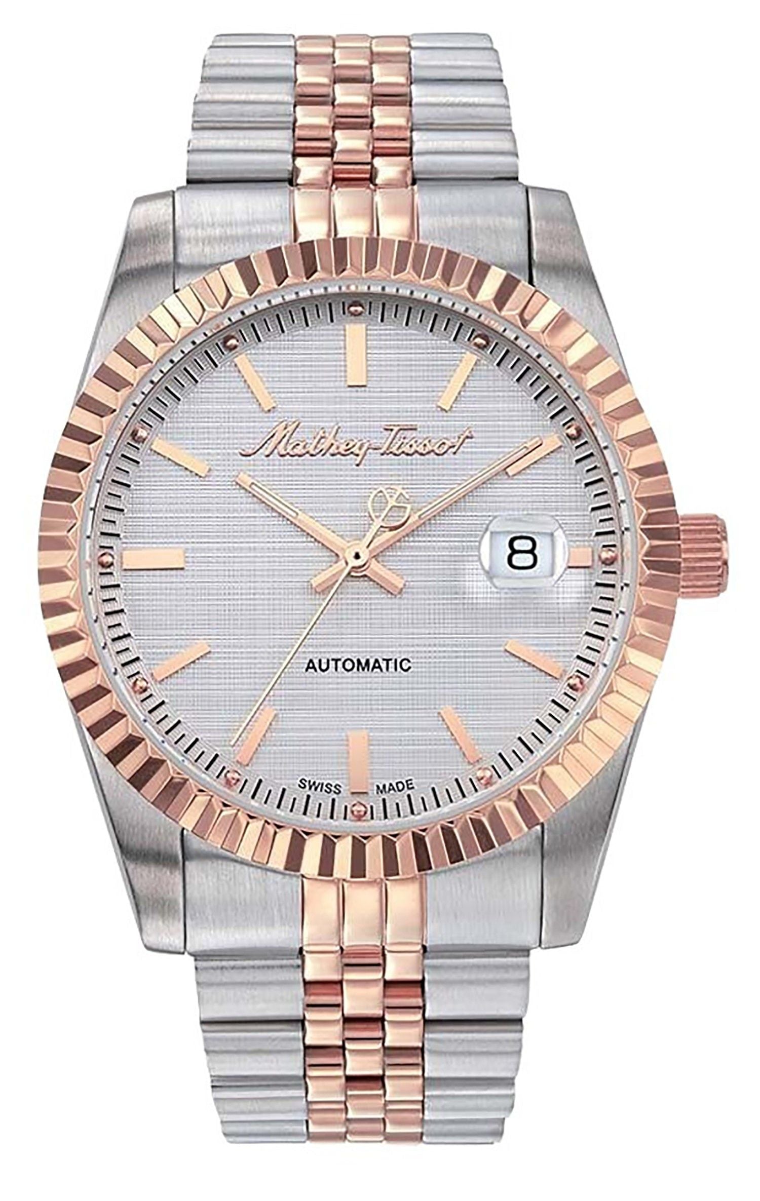 Mathey-Tissot Mathy III Automatic movement White Stainless steel Male H1810ATRA.-.MT. A brand-new Mathey-Tissot Mathy watch featuring a White dial and a Stainless steel strap. Side view.