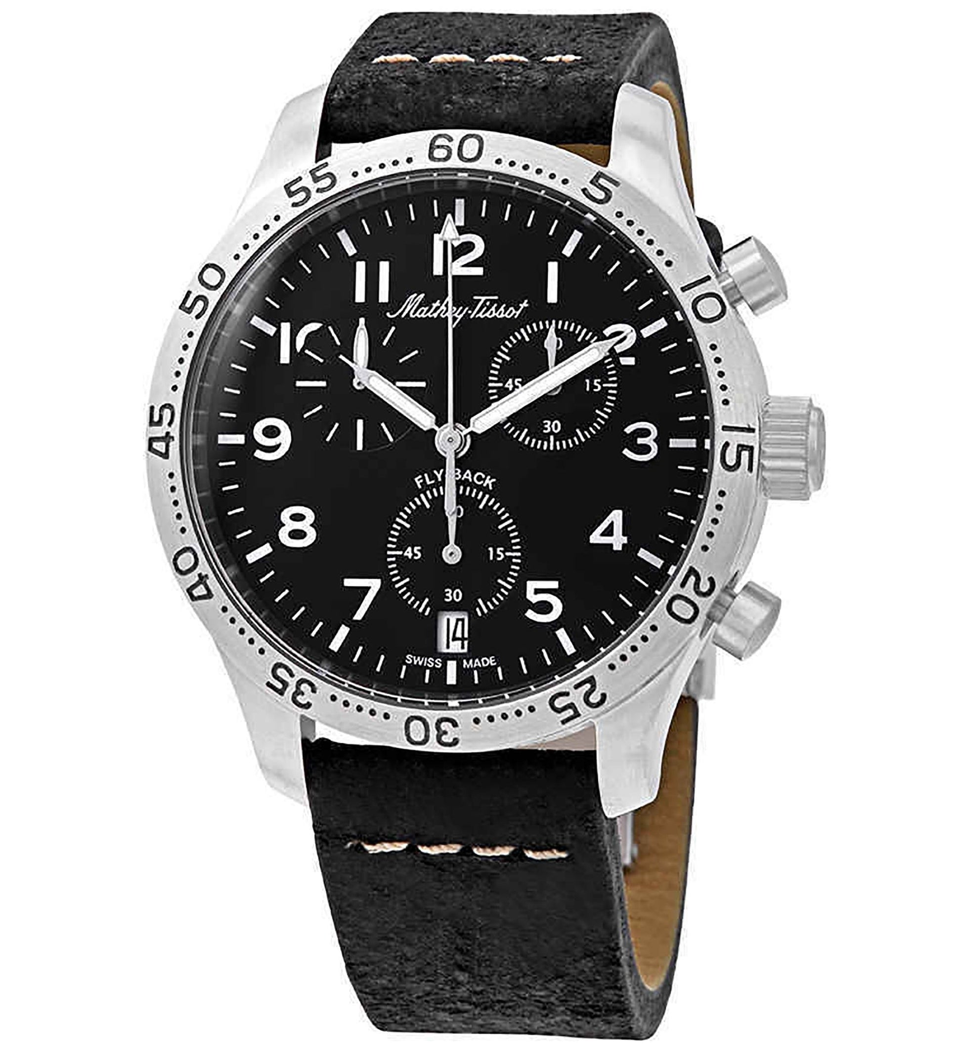 Mathey-Tissot Type 21 Date display Black Leather Male H1821CHALNG.-.MT. A brand-new Mathey-Tissot Type 21 watch featuring a Black dial and a Leather strap. Side view.