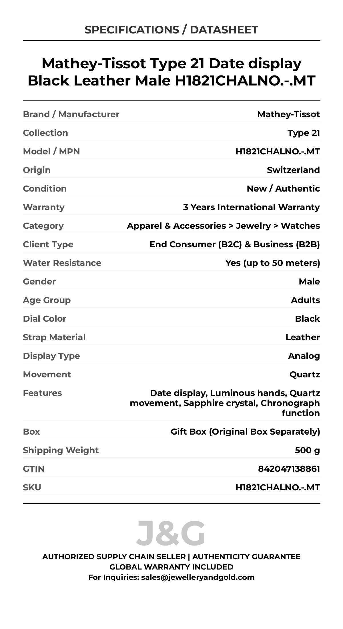 Mathey-Tissot Type 21 Date display Black Leather Male H1821CHALNO.-.MT - Specifications