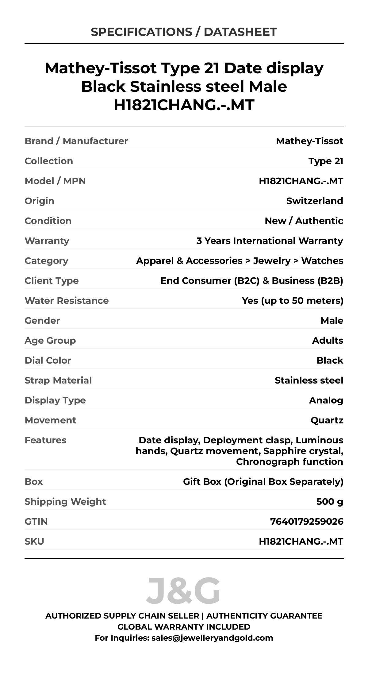 Mathey-Tissot Type 21 Date display Black Stainless steel Male H1821CHANG.-.MT - Specifications