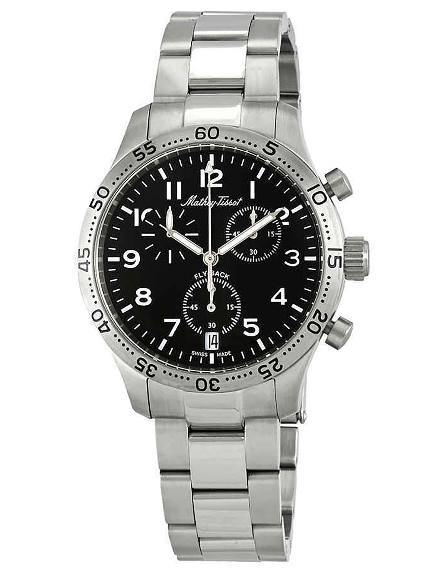 Mathey-Tissot Type 21 Date display Black Stainless steel Male H1821CHANG.-.MT. A brand-new Mathey-Tissot Type 21 watch featuring a Black dial and a Stainless steel strap. Side view.