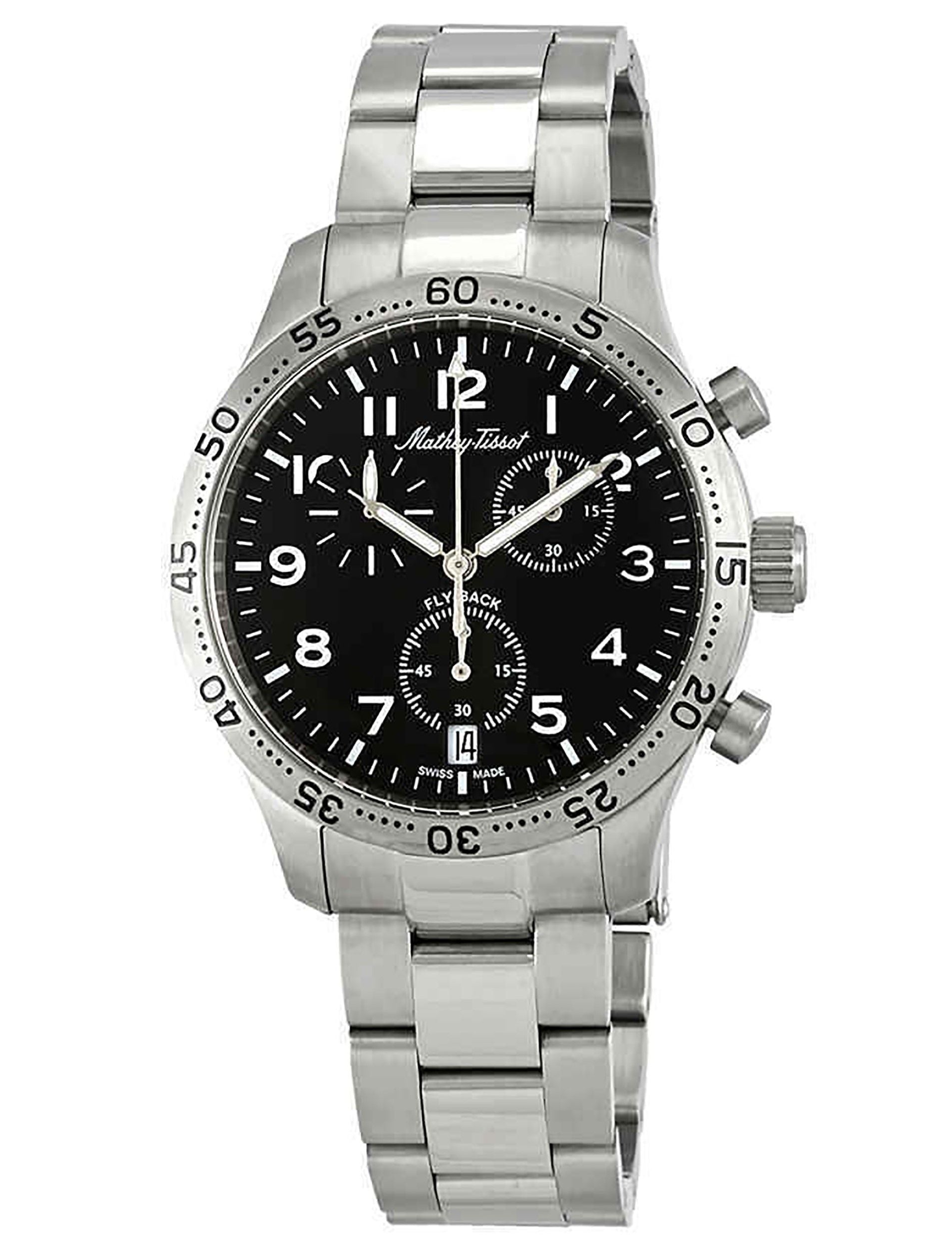 Mathey-Tissot Type 21 Date display Black Stainless steel Male H1821CHANG.-.MT. A brand-new Mathey-Tissot Type 21 watch featuring a Black dial and a Stainless steel strap. Side view.