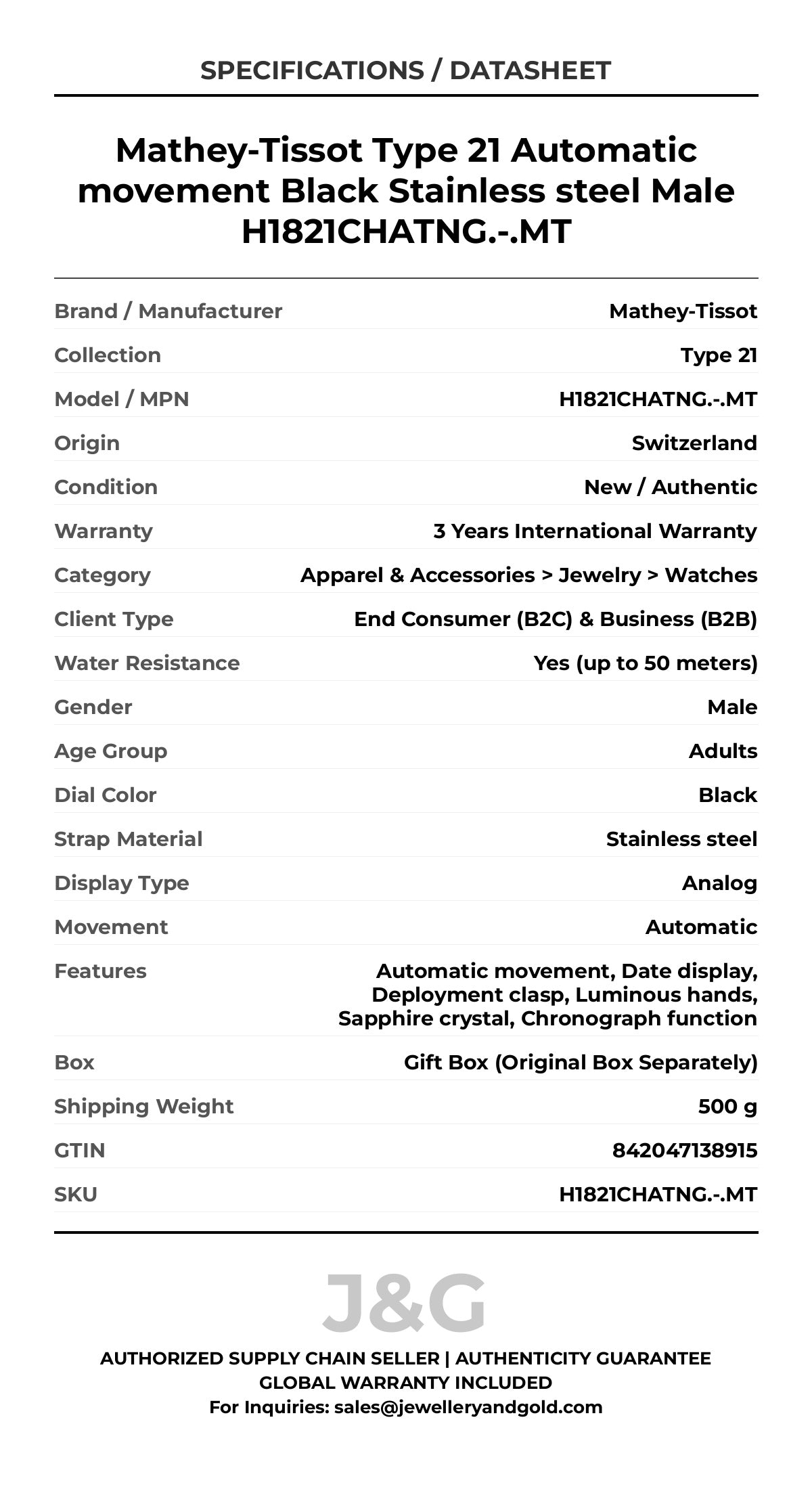 Mathey-Tissot Type 21 Automatic movement Black Stainless steel Male H1821CHATNG.-.MT - Specifications