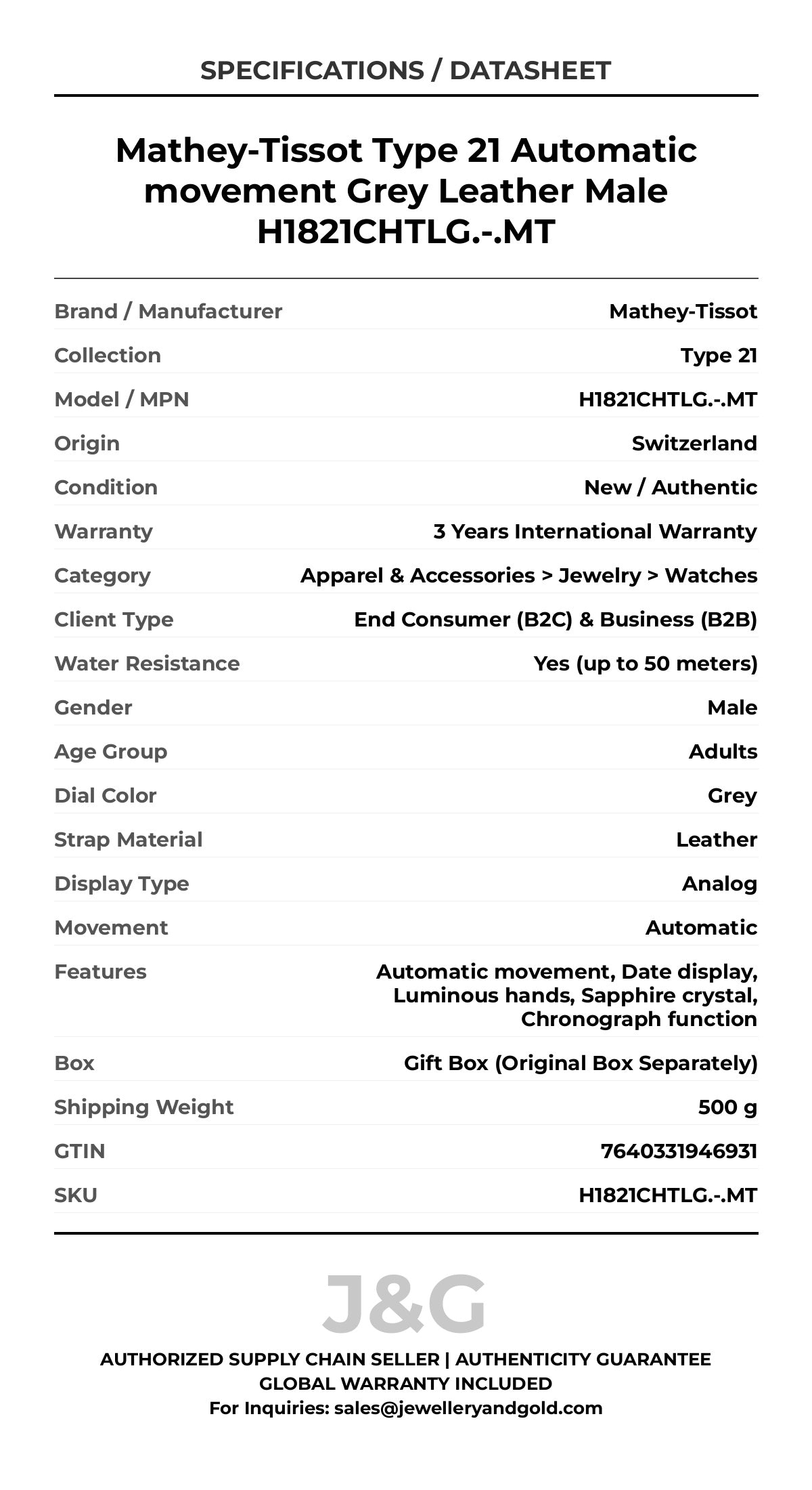 Mathey-Tissot Type 21 Automatic movement Grey Leather Male H1821CHTLG.-.MT - Specifications