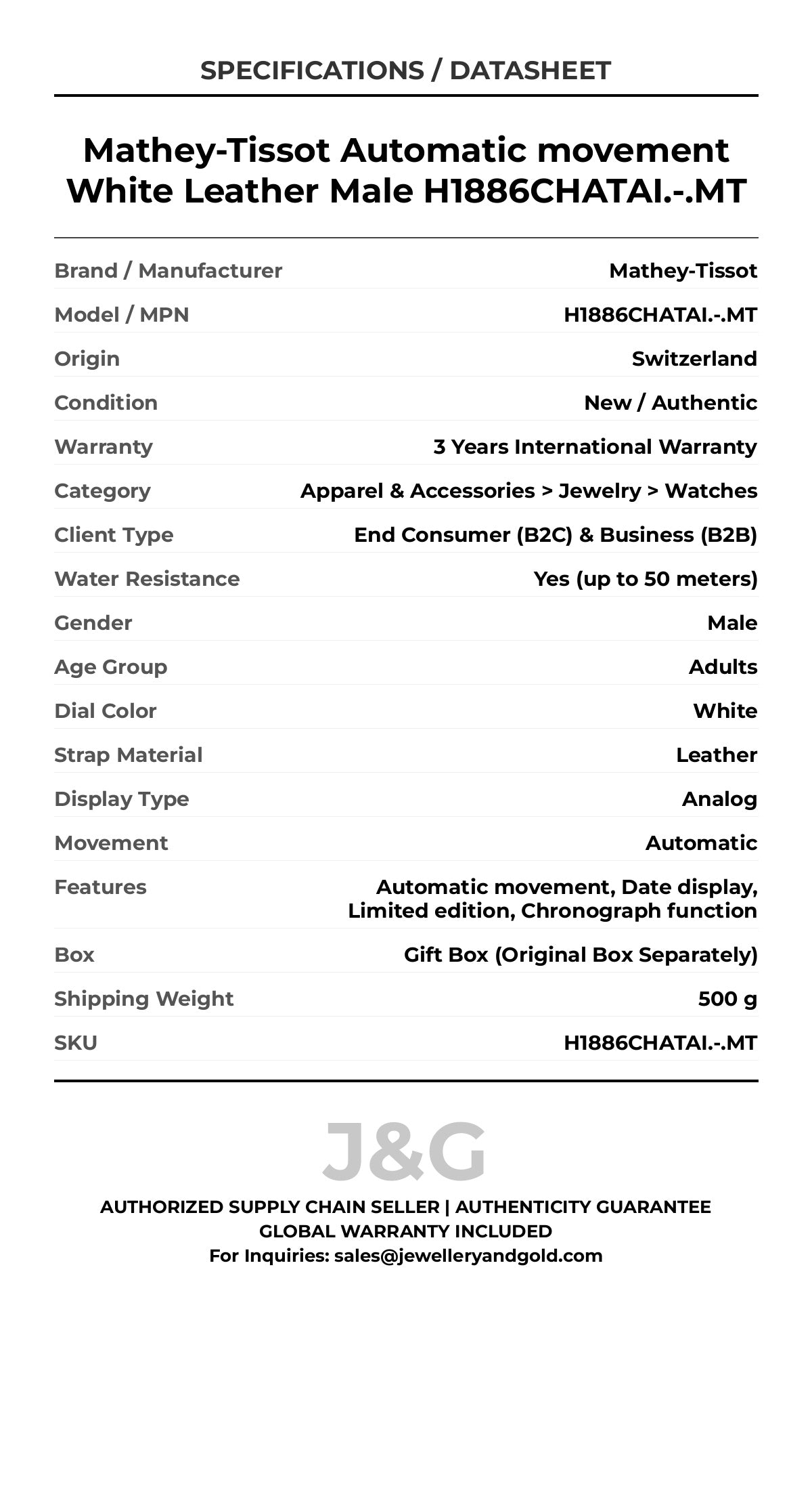 Mathey-Tissot Automatic movement White Leather Male H1886CHATAI.-.MT - Specifications