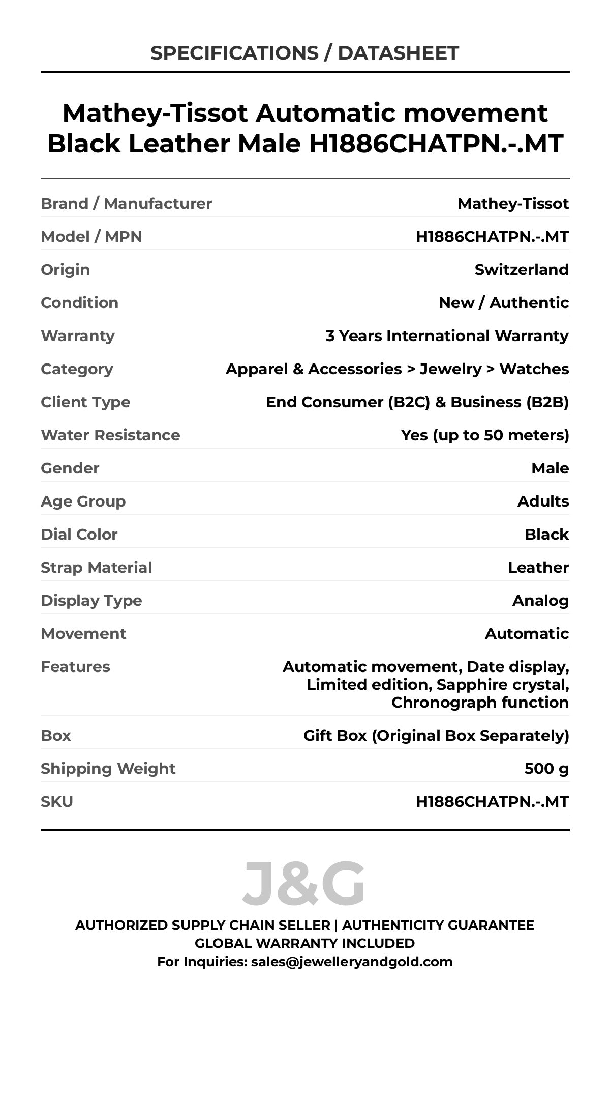 Mathey-Tissot Automatic movement Black Leather Male H1886CHATPN.-.MT - Specifications