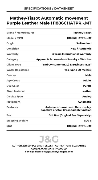 Mathey-Tissot Automatic movement Purple Leather Male H1886CHATPR.-.MT - Specifications