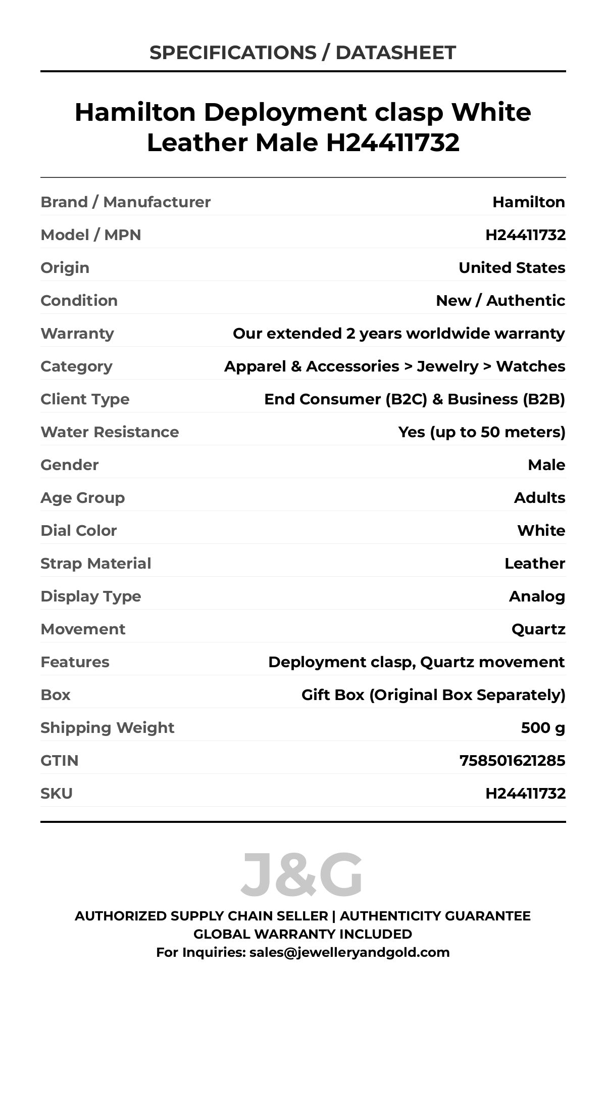 Hamilton Deployment clasp White Leather Male H24411732 - Specifications