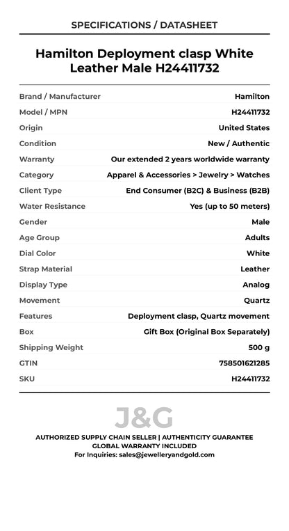 Hamilton Deployment clasp White Leather Male H24411732 - Specifications