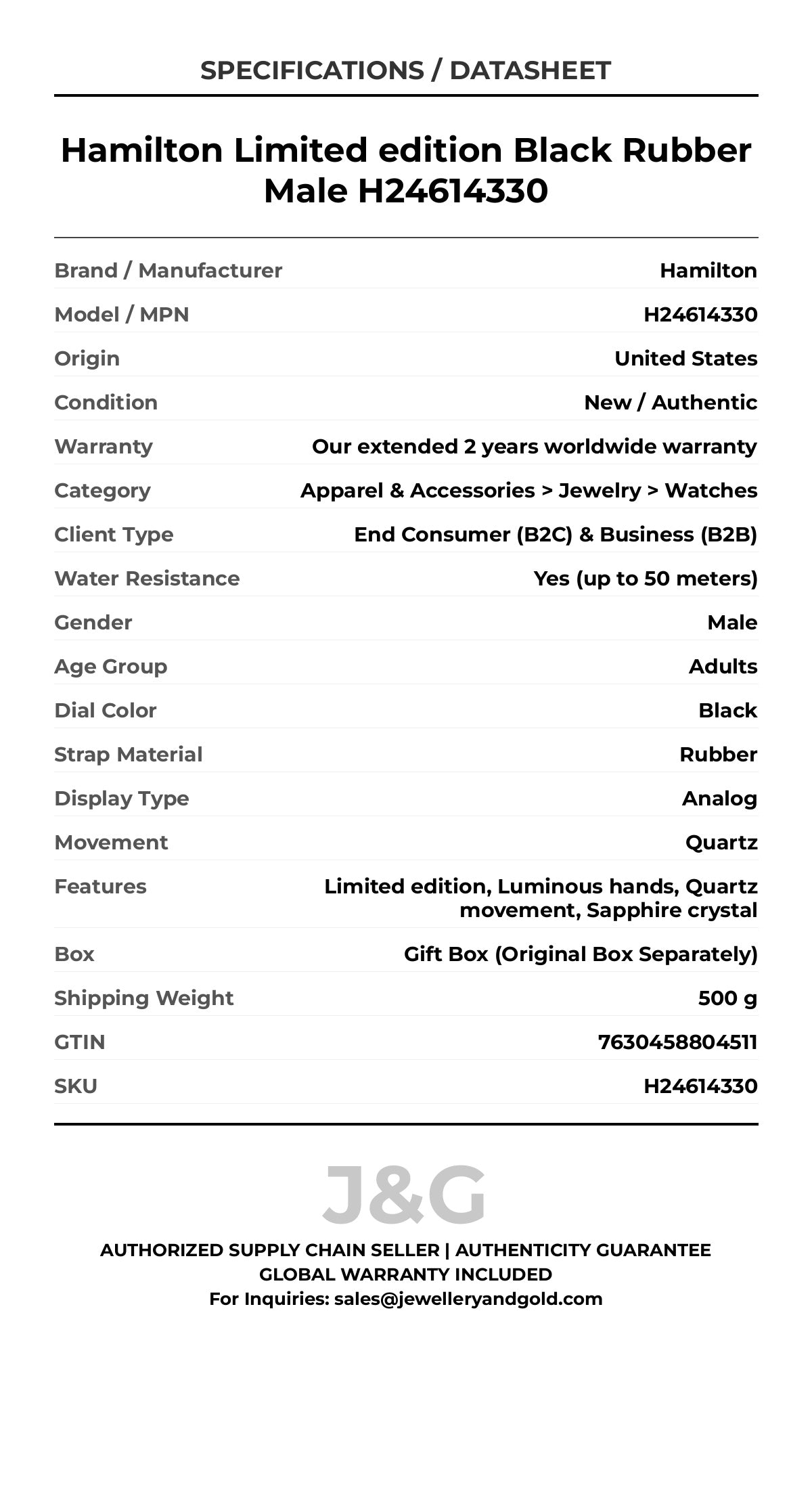 Hamilton Limited edition Black Rubber Male H24614330 - Specifications