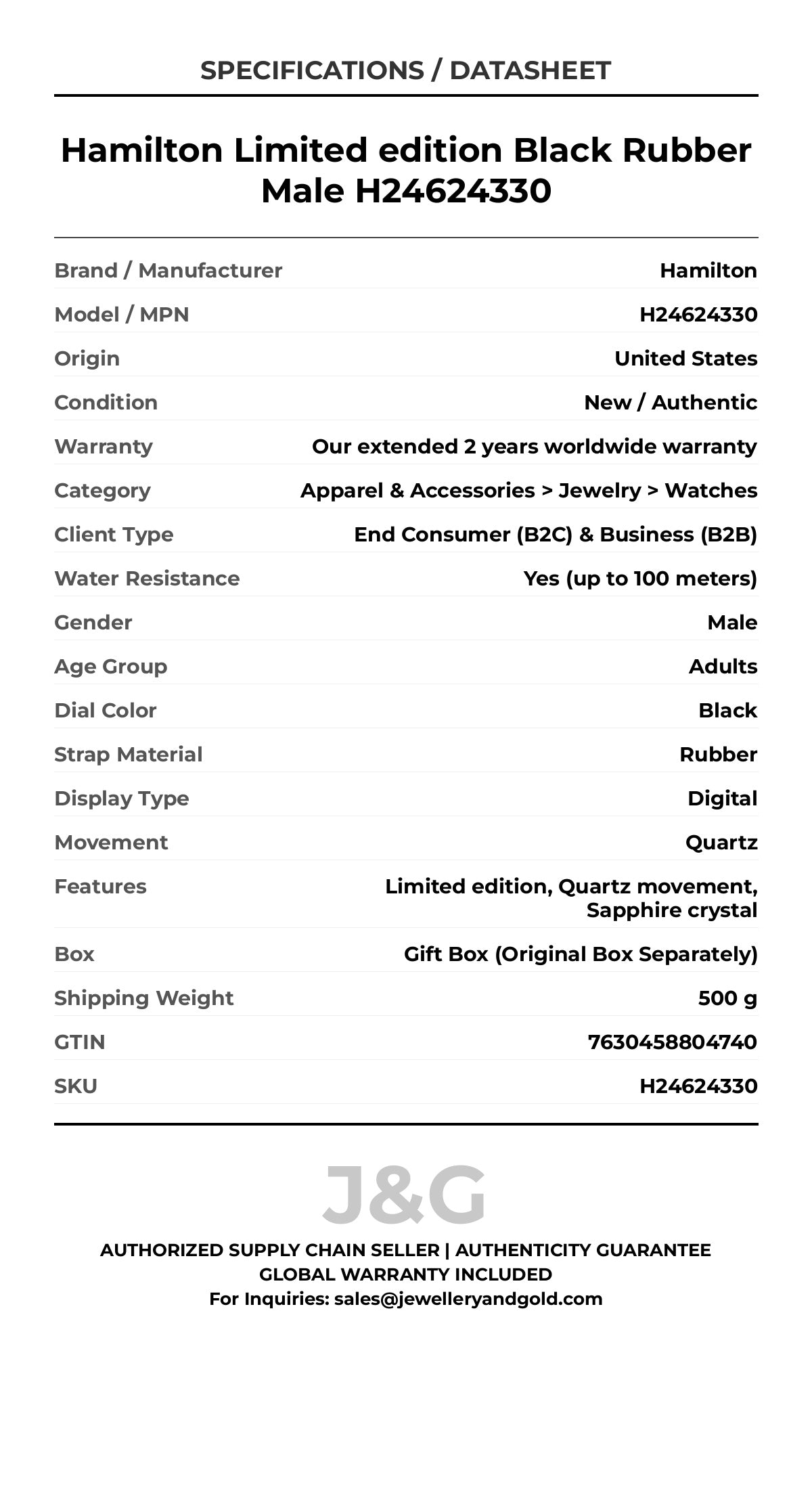 Hamilton Limited edition Black Rubber Male H24624330 - Specifications