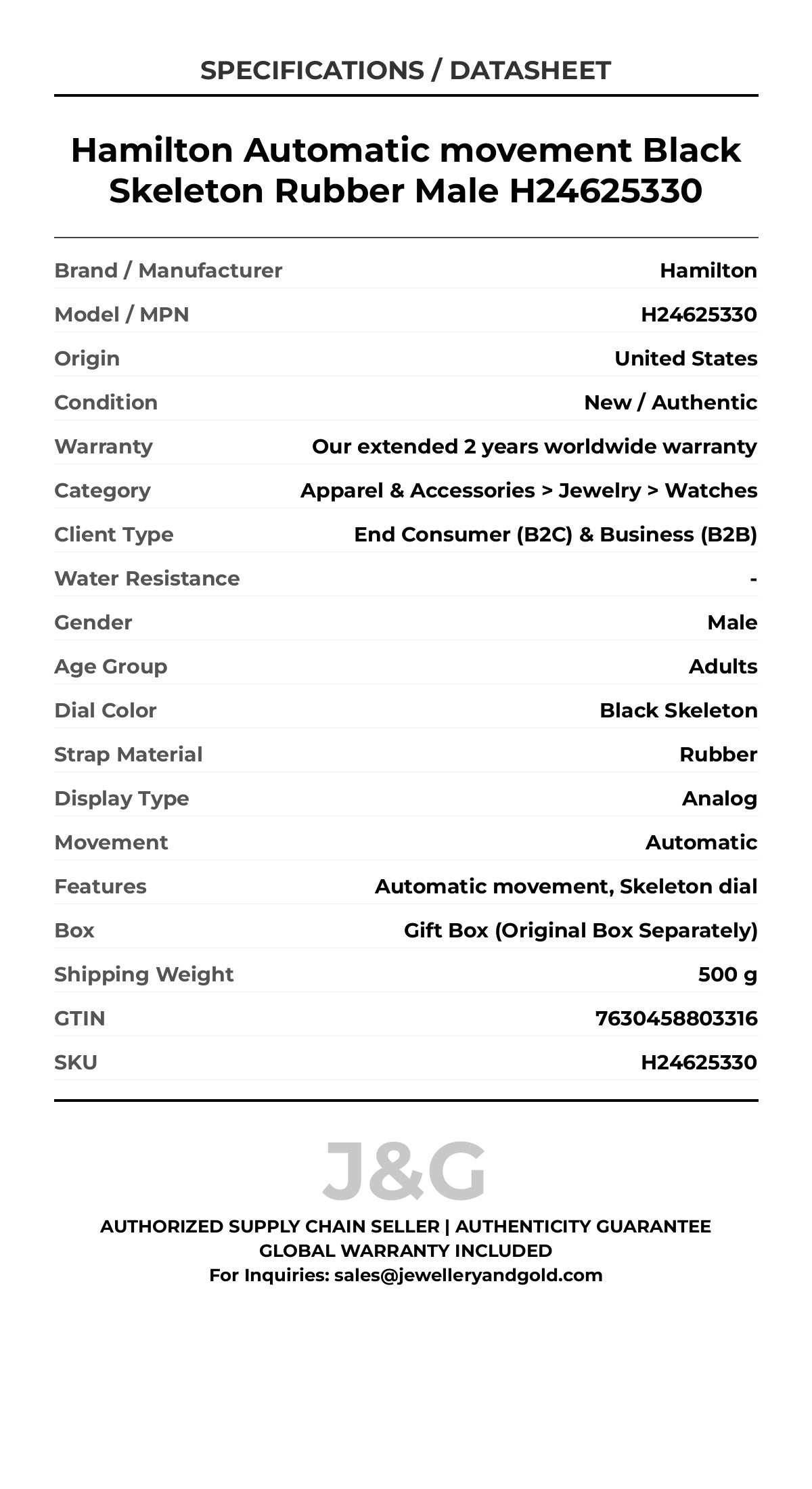 Hamilton Automatic movement Black Skeleton Rubber Male H24625330 - Specifications