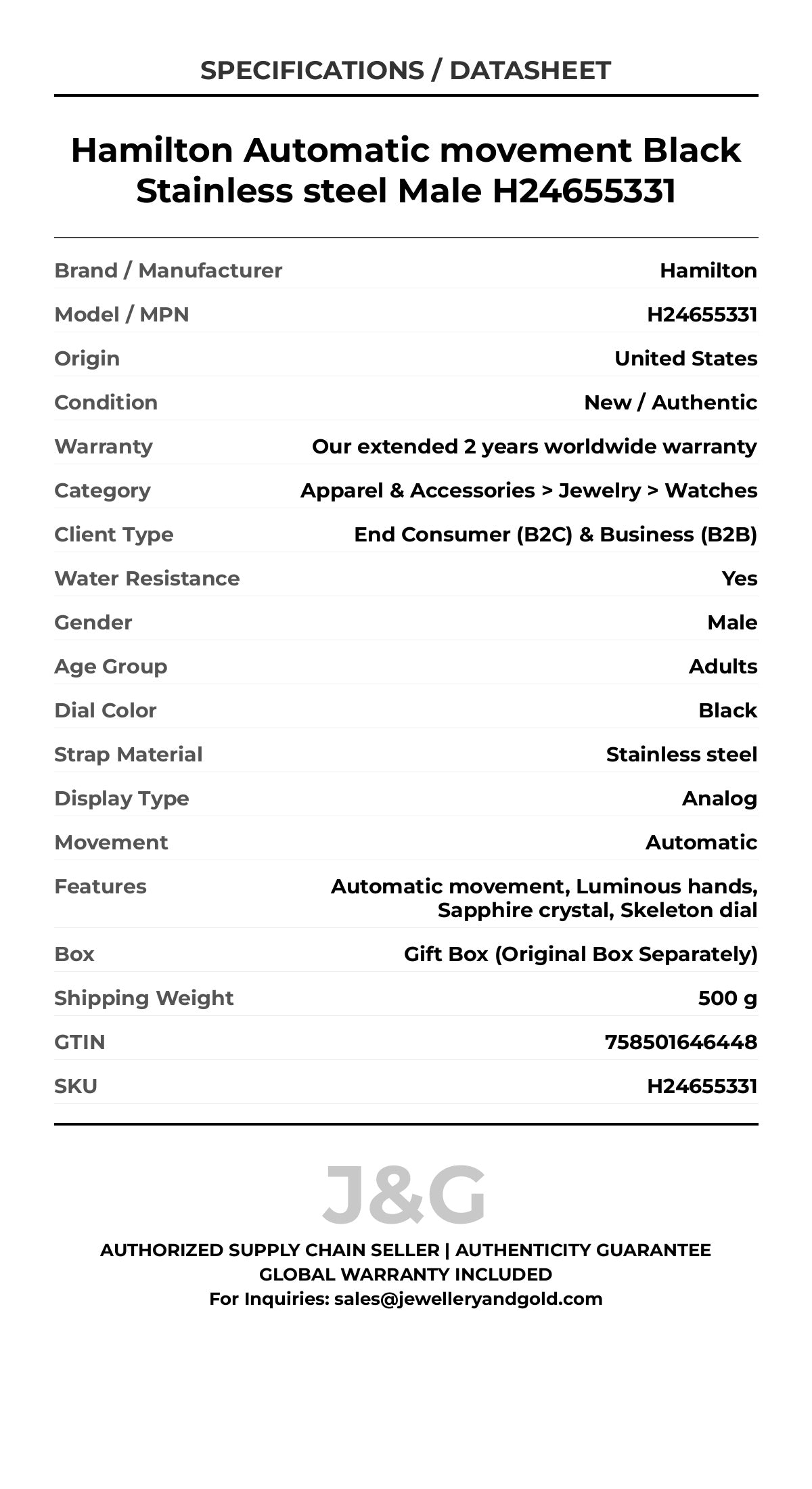 Hamilton Automatic movement Black Stainless steel Male H24655331 - Specifications