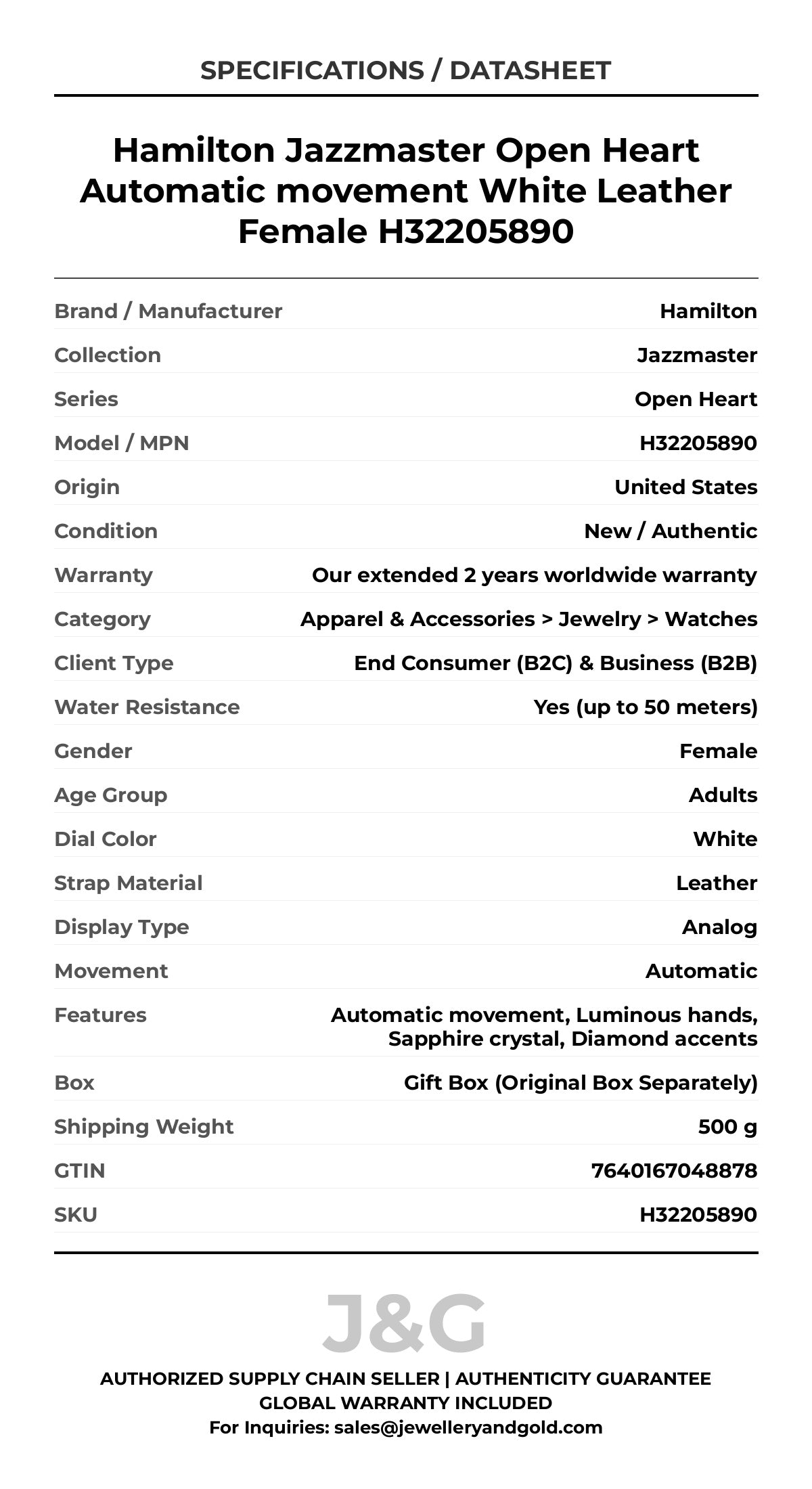 Hamilton Jazzmaster Open Heart Automatic movement White Leather Female H32205890 - Specifications