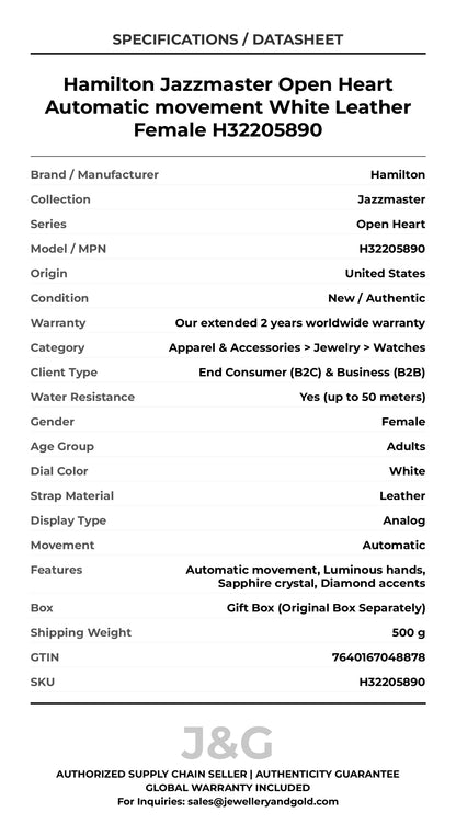 Hamilton Jazzmaster Open Heart Automatic movement White Leather Female H32205890 - Specifications