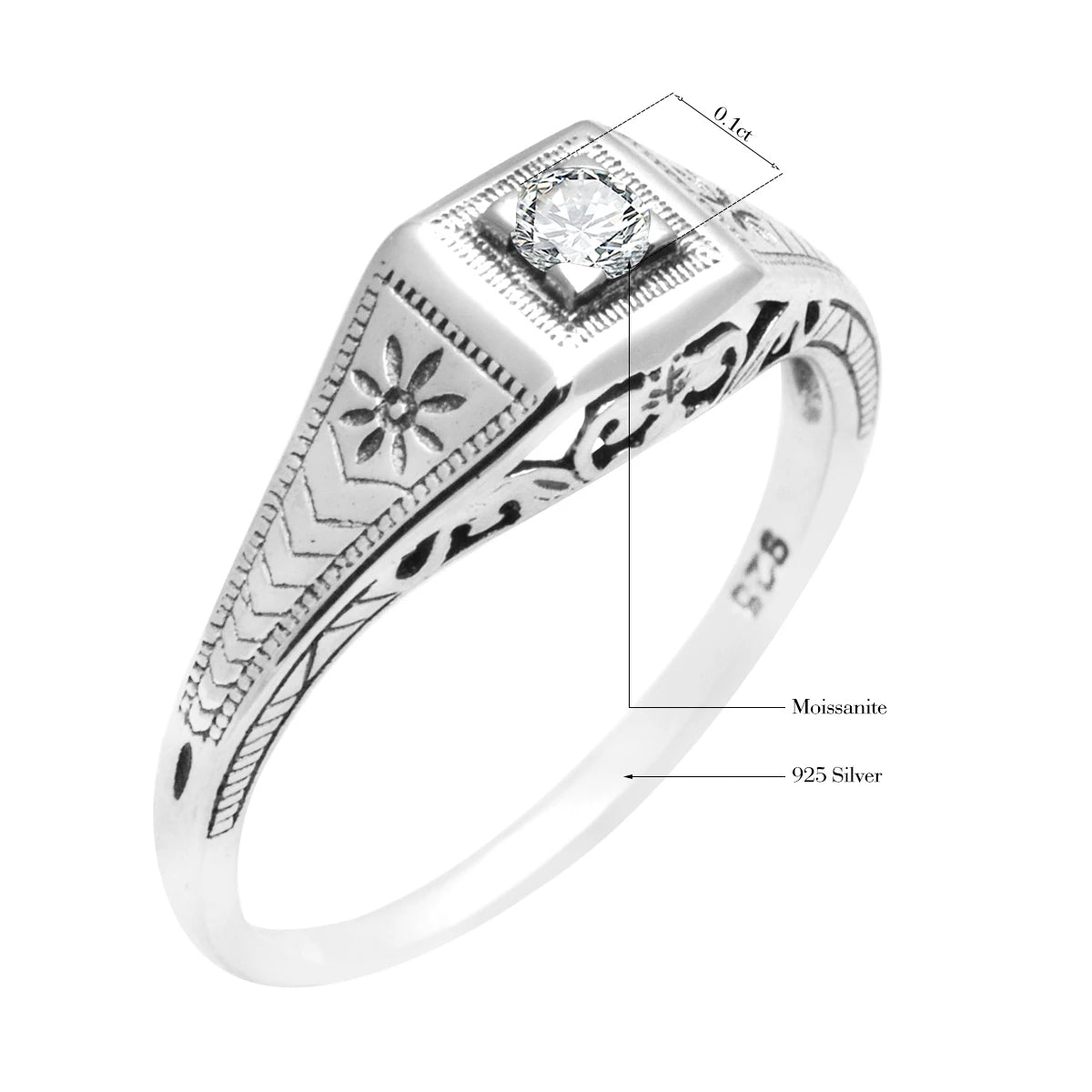 3mm D Color Moissanite Ring – 925 Sterling Silver, GRA Certified, Vintage Wedding Jewelry