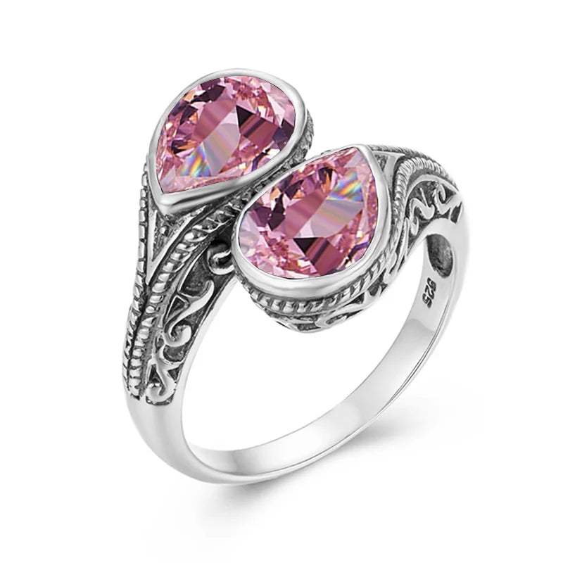 Gothic Tear Drop Garnet Ring – 925 Sterling Silver, Vintage Two-Stone Jewelry, Wife Anniversary Gift