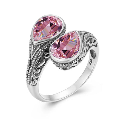 Gothic Tear Drop Garnet Ring – 925 Sterling Silver, Vintage Two-Stone Jewelry, Wife Anniversary Gift